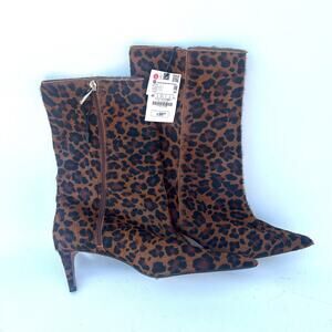 New Zara Pony Hair Leopard Ankle Boots Heel Booties Pointed Toe 41 Size 11